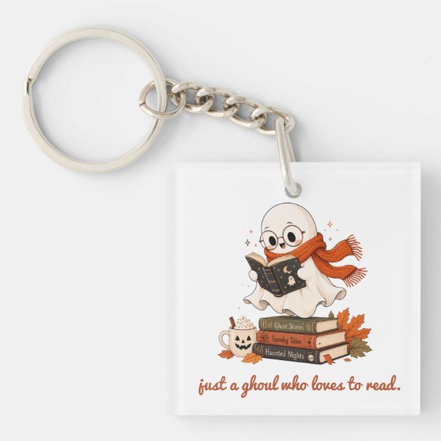 Cute Reading Ghost Custom Clear Acrylic Keychain (Front)