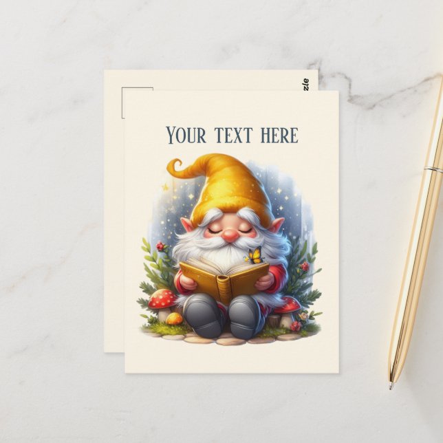 Cute reading gnome customizable postcard (Front/Back In Situ)