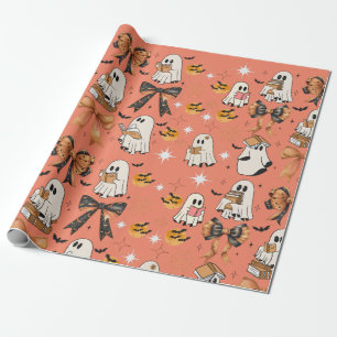 Cute Reading Halloween Ghosts Bows Bats Wrapping Paper