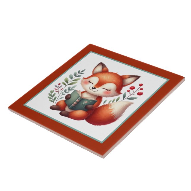 Cute reading lovers book nook fox library  tile (Side)