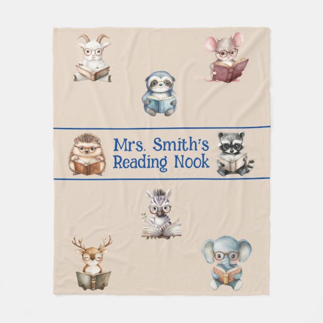 Cute "Reading Nook" watercolor animals custom Fleece Blanket (Front)