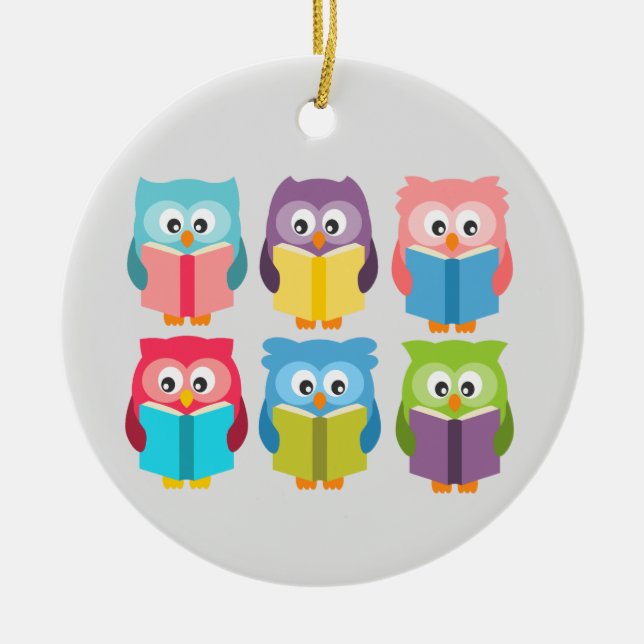 Cute reading owls ceramic tree decoration (Front)