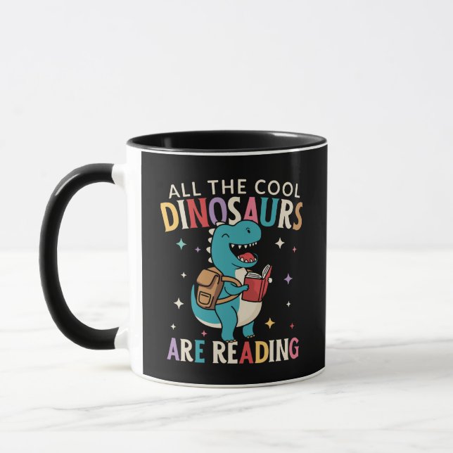 Cute Reading T-Rex Mug All The Cool Dinosaurs Art (Left)