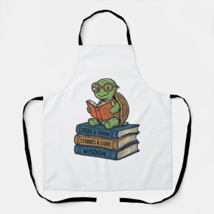 Cute Reading Turtle on Books Vintage Vector_1 Apron
