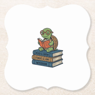 Cute Reading Turtle on Books Vintage Vector_1 Paper Coaster