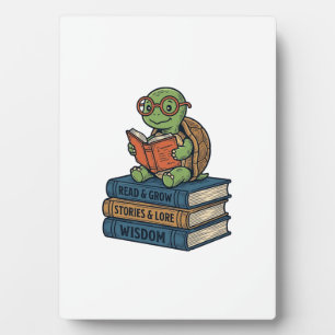 Cute Reading Turtle on Books Vintage Vector_1 Plaque