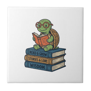 Cute Reading Turtle on Books Vintage Vector_1 Tile