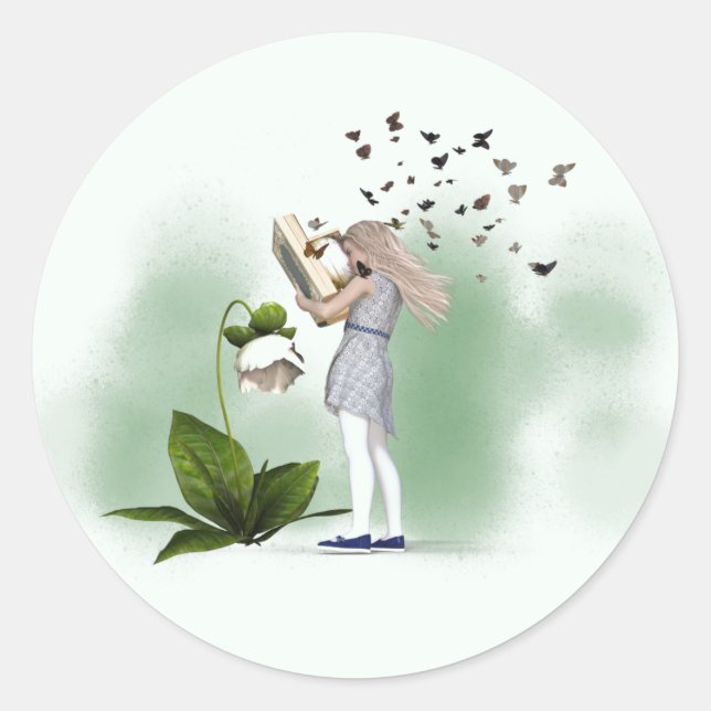 Cute reading whimsical butterfly girl classic round sticker (Front)
