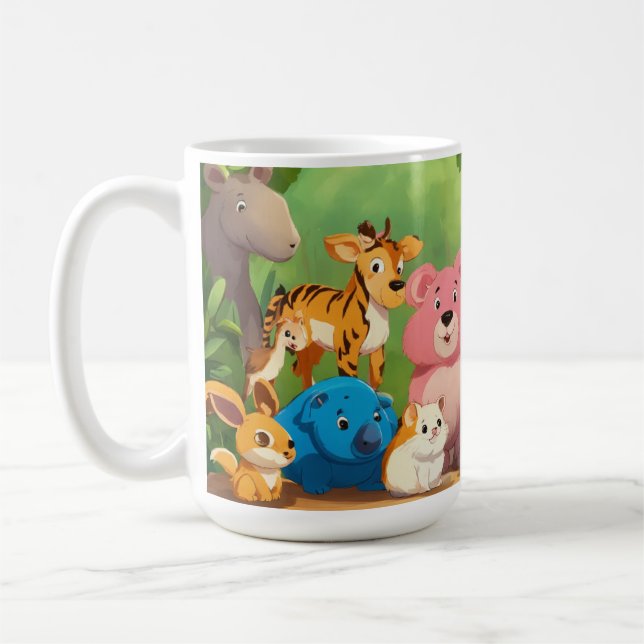 Cute Realistic Cartoon Animals Around Blank Forest Coffee Mug (Left)