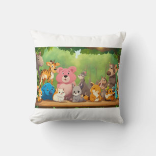 Cute Realistic Cartoon Animals Around Blank Forest Cushion