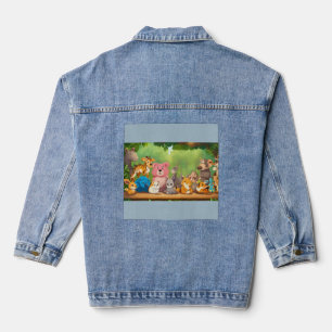 Cute Realistic Cartoon Animals Around Blank Forest Denim Jacket