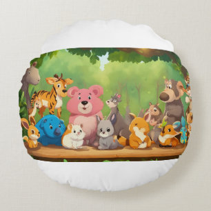 Cute Realistic Cartoon Animals Around Blank Forest Round Cushion