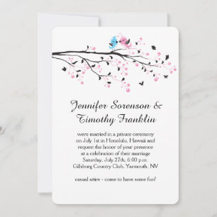 Cute Reception Only Lovebirds Blossoms Butterflies Invitation