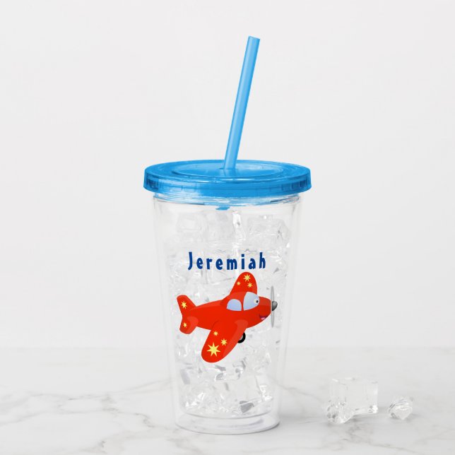 Cute red aeroplane flying cartoon illustration acrylic tumbler (Back Ice)