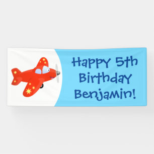 Cute red aeroplane flying cartoon illustration banner