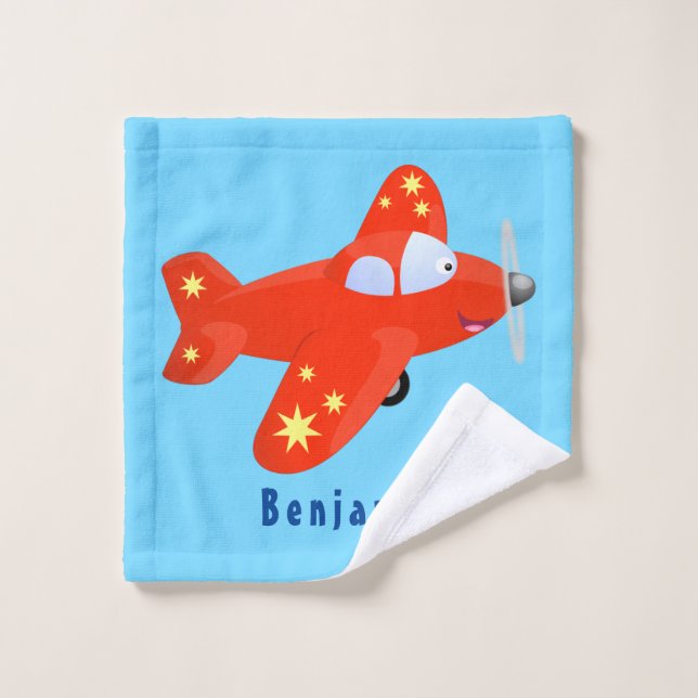 Cute red aeroplane flying cartoon illustration bath towel set (Wash Cloth)