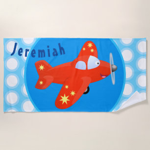 Cute red aeroplane flying cartoon illustration beach towel
