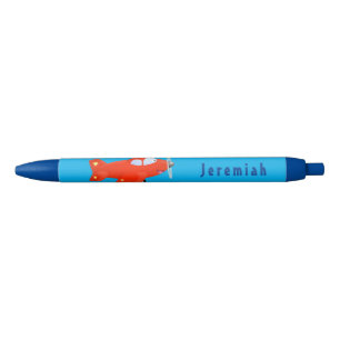 Cute red aeroplane flying cartoon illustration black ink pen