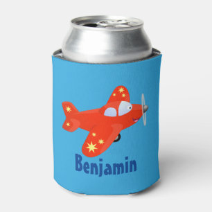Cute red aeroplane flying cartoon illustration can cooler