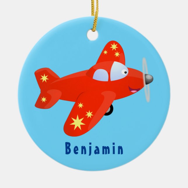 Cute red aeroplane flying cartoon illustration ceramic tree decoration (Front)