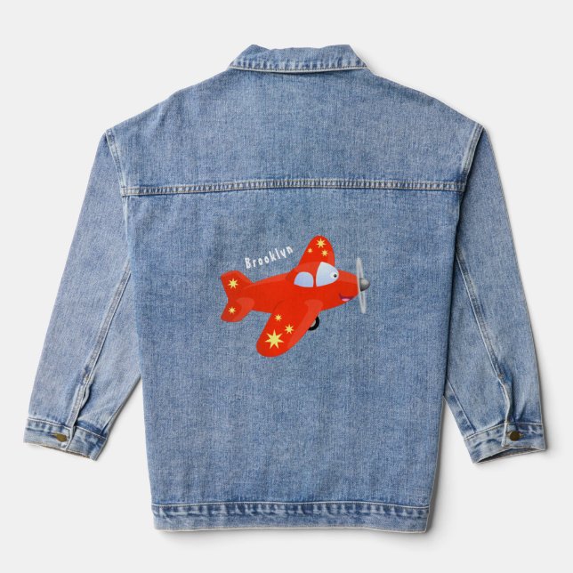 Cute red aeroplane flying cartoon illustration denim jacket (Back)