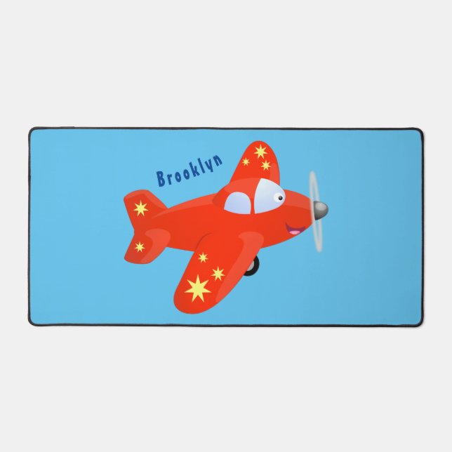 Cute red aeroplane flying cartoon illustration desk mat (Front)