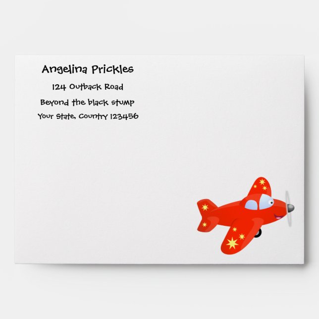 Cute red aeroplane flying cartoon illustration envelope (Front)