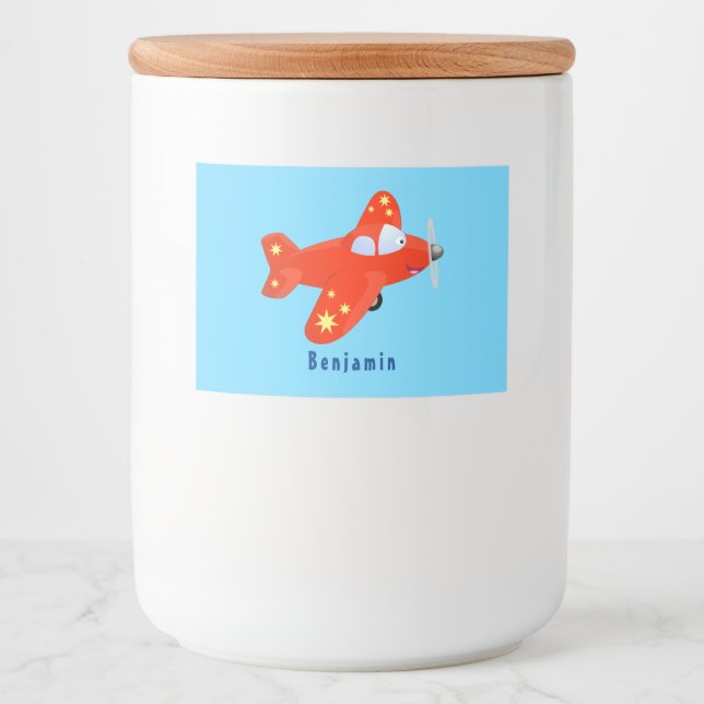 Cute red aeroplane flying cartoon illustration food label (Front)