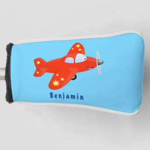 Cute red aeroplane flying cartoon illustration golf head cover