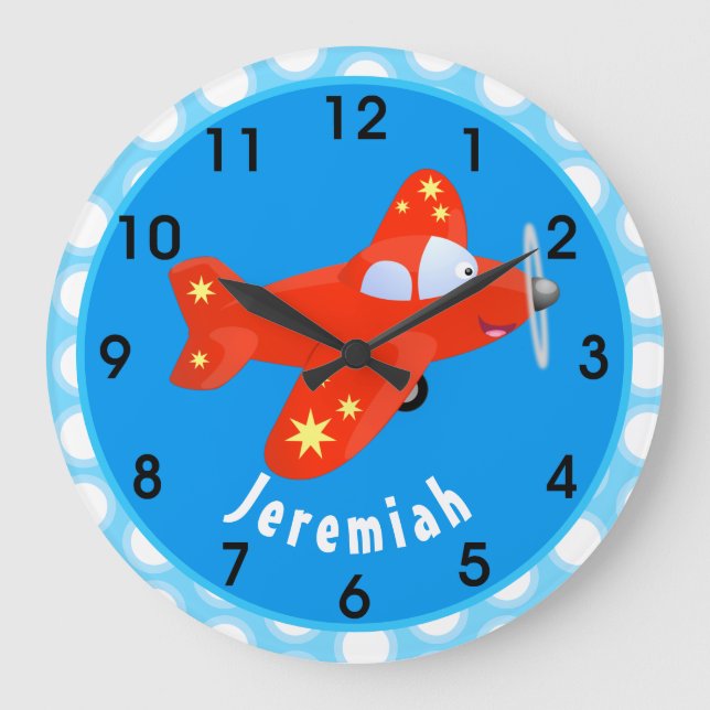 Cute red aeroplane flying cartoon illustration large clock (Front)