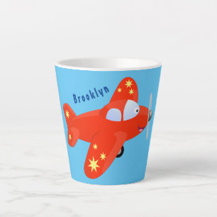 Cute red aeroplane flying cartoon illustration latte mug