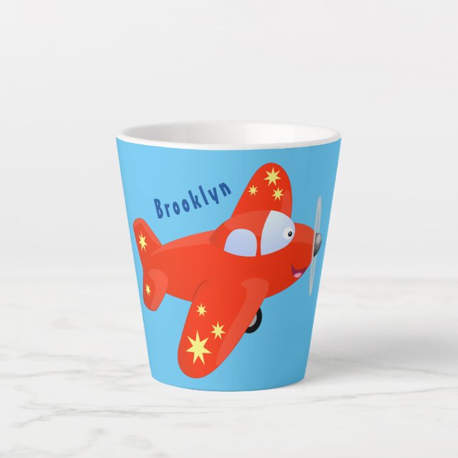 Cute red aeroplane flying cartoon illustration latte mug (Front)