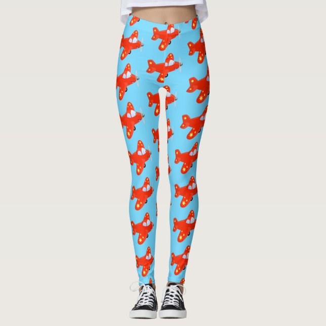 Cute red aeroplane flying cartoon illustration leggings (Front)