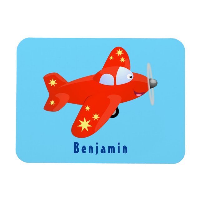 Cute red aeroplane flying cartoon illustration magnet (Horizontal)