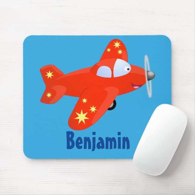 Cute red aeroplane flying cartoon illustration mouse mat (With Mouse)
