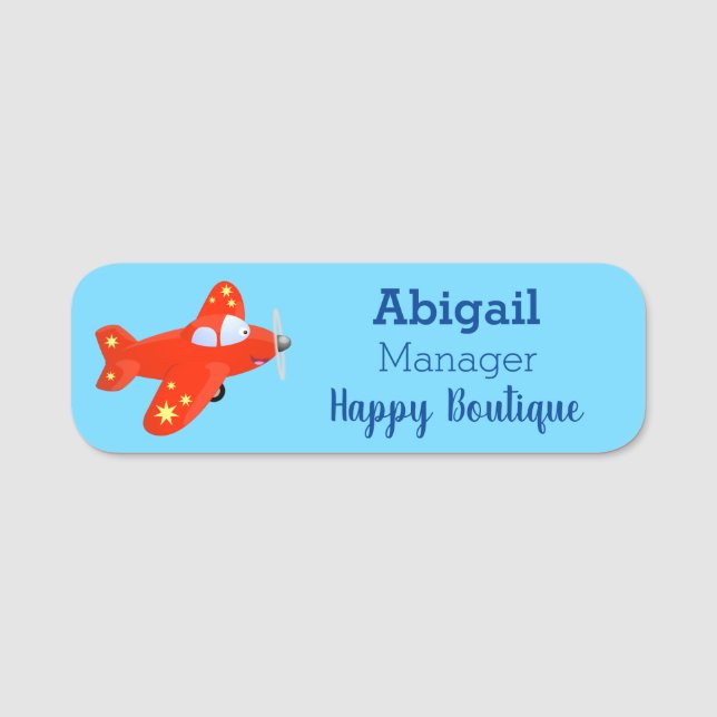 Cute red aeroplane flying cartoon illustration  name tag (Front)