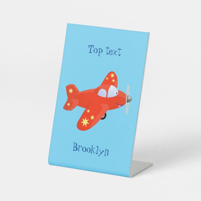 Cute red aeroplane flying cartoon illustration pedestal sign (Front)
