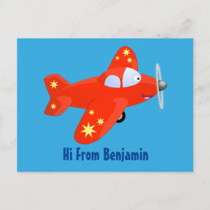 Cute red aeroplane flying cartoon illustration postcard