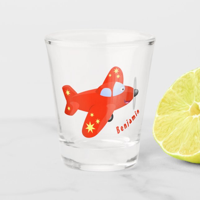 Cute red aeroplane flying cartoon illustration shot glass (Front)