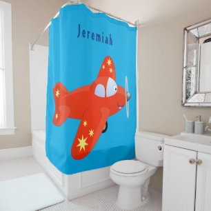 Cute red aeroplane flying cartoon illustration shower curtain
