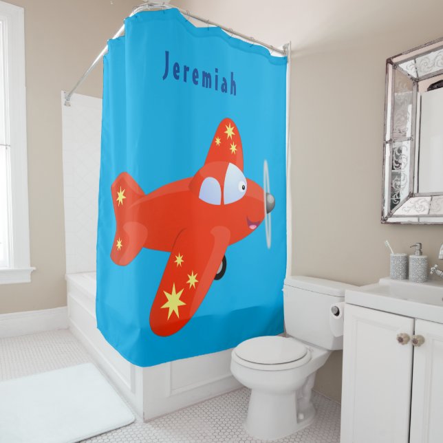 Cute red aeroplane flying cartoon illustration shower curtain (In Situ)