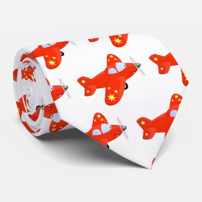 Cute red aeroplane flying cartoon illustration tie (Rolled)