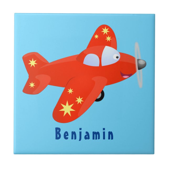 Cute red aeroplane flying cartoon illustration tile (Front)