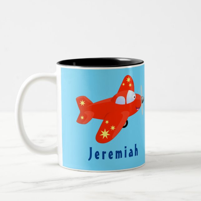 Cute red aeroplane flying cartoon illustration Two-Tone coffee mug (Left)