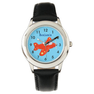 Cute red aeroplane flying cartoon illustration  watch
