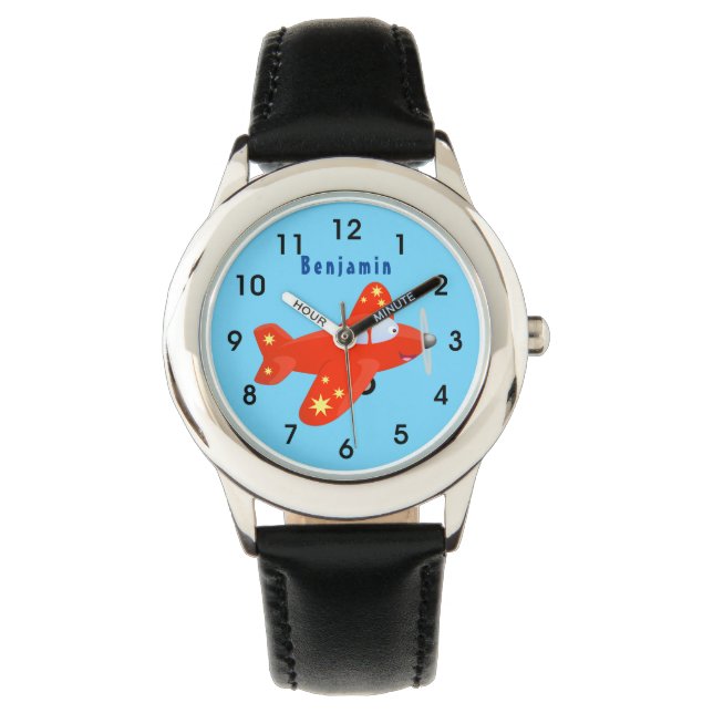 Cute red aeroplane flying cartoon illustration  watch (Front)