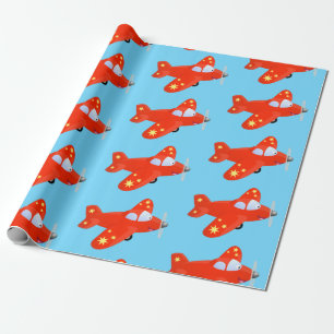 Cute red aeroplane flying cartoon illustration wrapping paper