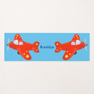 Cute red aeroplane flying cartoon illustration yoga mat