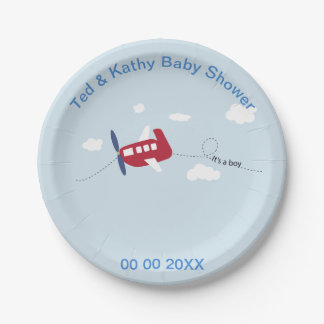 Cute Red Aeroplane with Blue Propeller Baby Shower Paper Plate