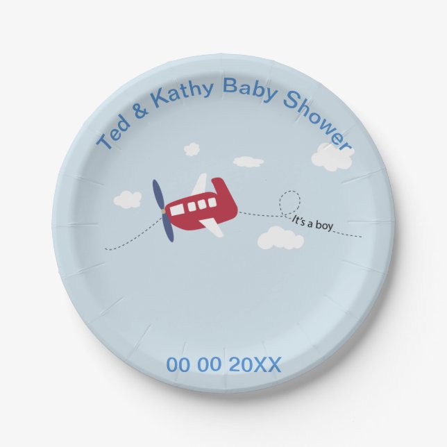 Cute Red Aeroplane with Blue Propeller Baby Shower Paper Plate (Front)